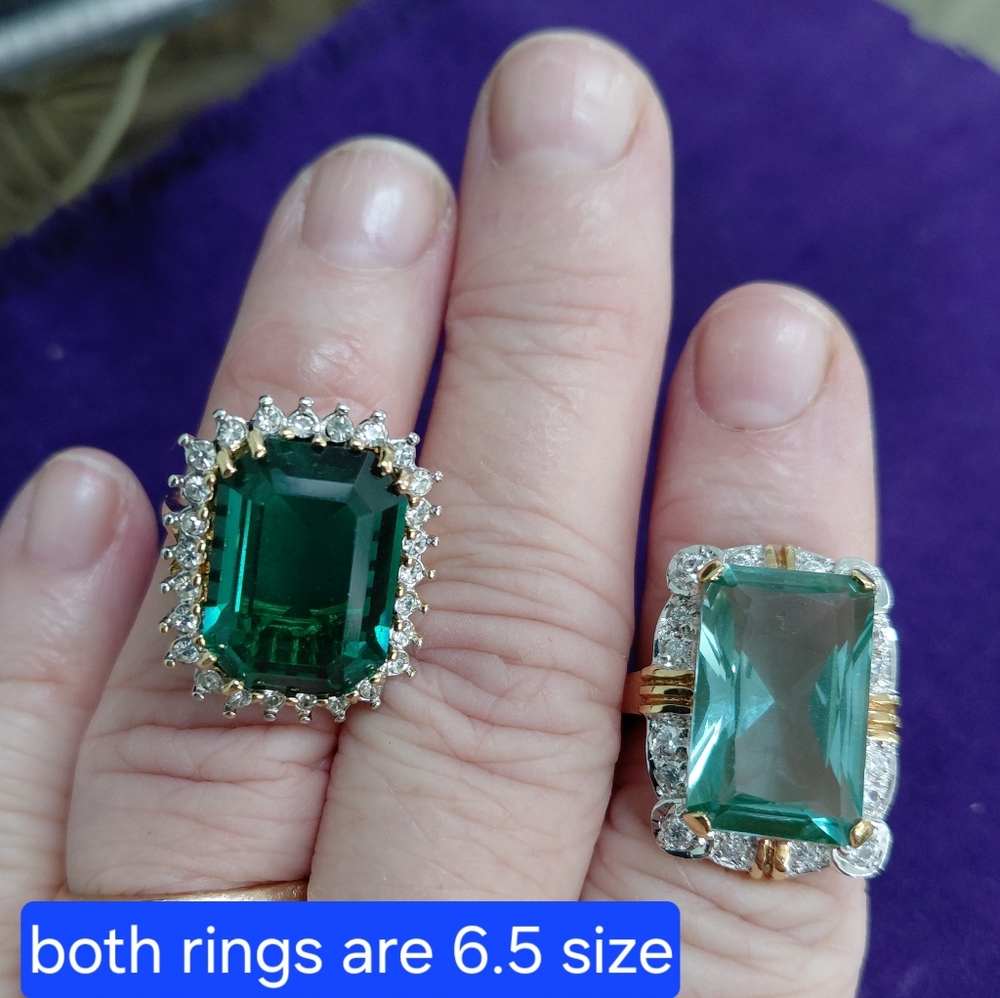 Statement COCKTAIL rings. Size 6.5, Emerald Cut Green/Blue Green Stone Gold Band